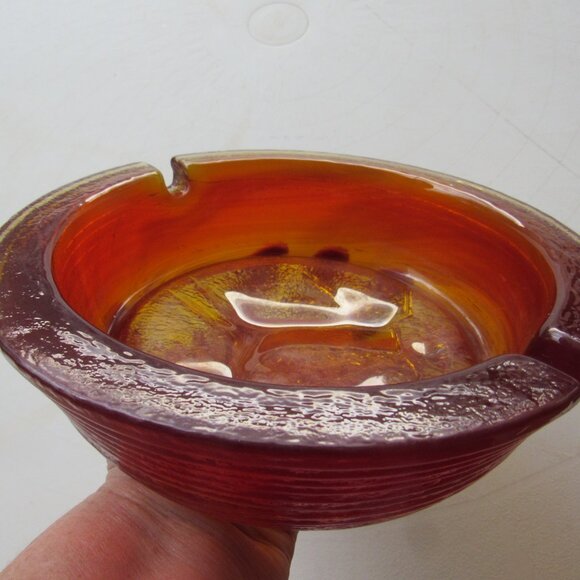 MCM Heavy Orange and Yellow Reverse Carved Glass Deer Design Ashtray - Picture 4 of 6